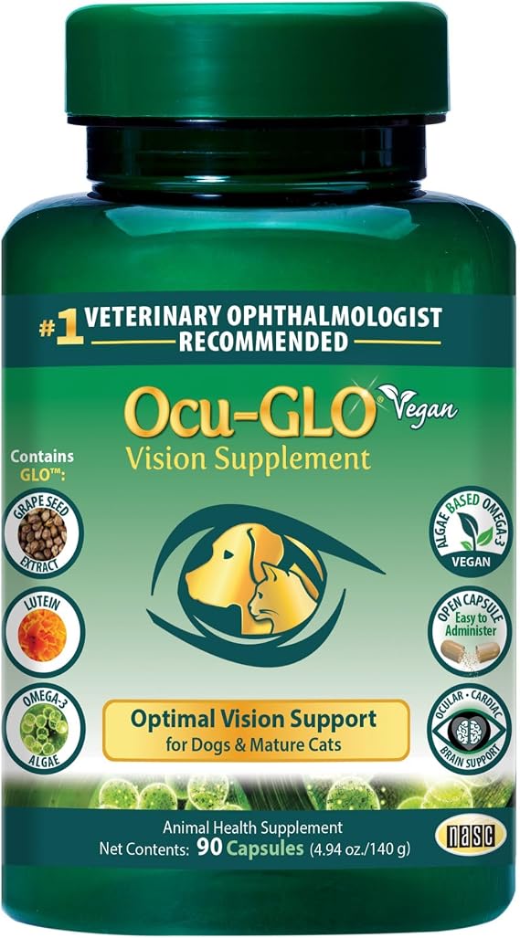 Ocu-GLO Vegan Capsules - Vision Supplement for Dogs & Mature Cats - Formulated with Lutein, Algae Based Omega-3 Fatty Acids, Grape Seed Extract & Antioxidants to Promote Eye Health - 90 ct