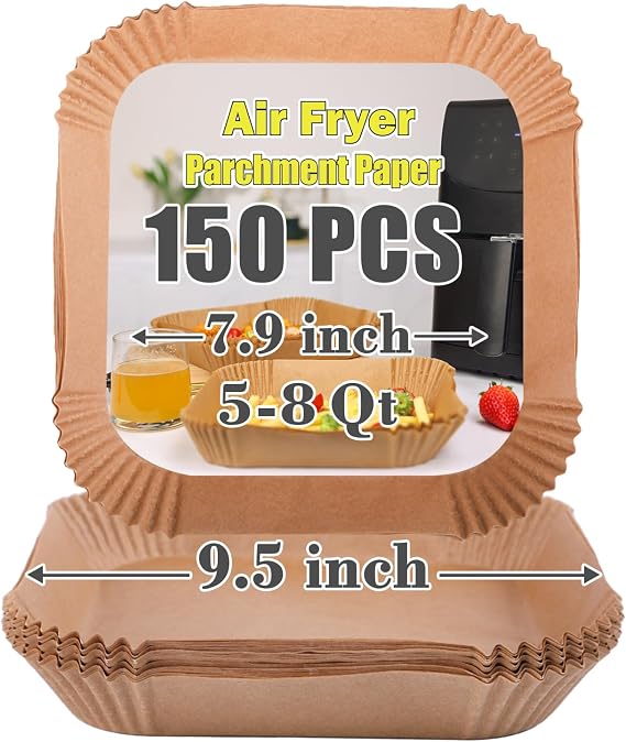 GOAUS Air Fryer Square Paper Liners Disposable Large 150 Pcs for 5 to 8 Qt Basket, 7.9 inch Unbleached Non-stick Oil-proof Parchment Paper