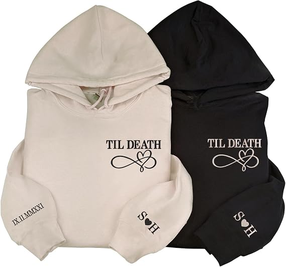 LullabyMall Custom Roman Numeral Hoodie With Initials Heart On Sleeve, Matching Couple Hoodies Infinity Hearts Til Death Customize Date, Gifts for Him and Her
