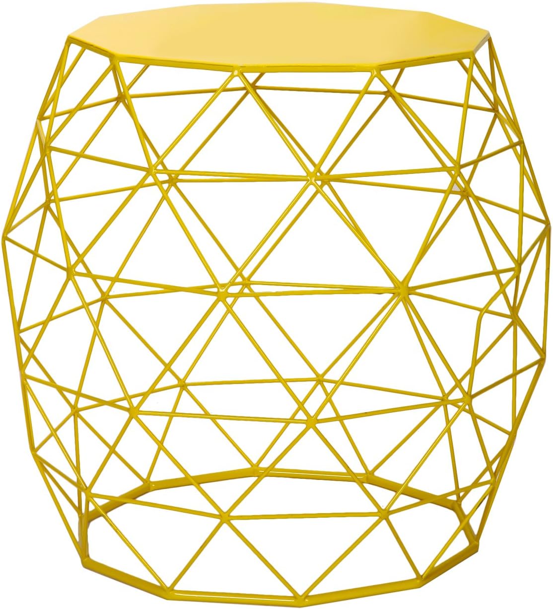 Adeco Home Garden Accents Wire Round Iron Metal Stool Side End Table Plant Stand Chair Hatched Diamond Pattern, Bright Yellow