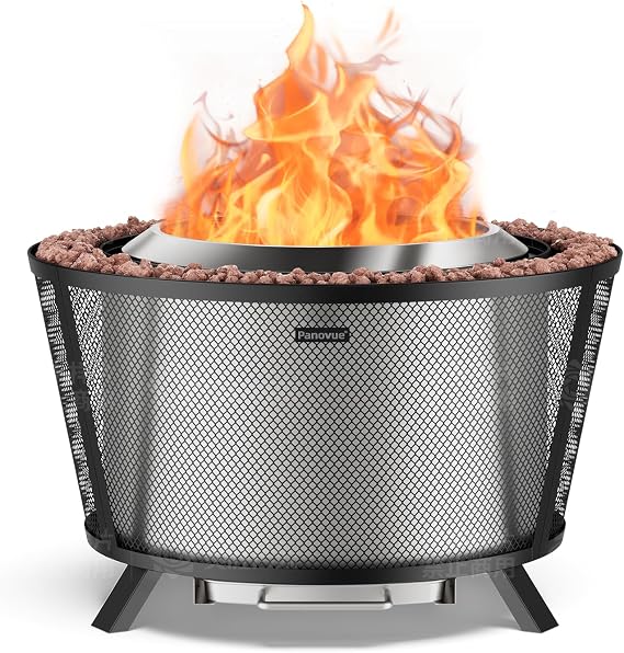 Panovue 29 Inch Smokeless Fire Pit with Mesh Shield and Ash Pan | Dual-Wall Wood Burning Design, Large-Capacity Fire Bowl, Pull-Out Ash Pan, Heavy-Duty Build, For Backyard Gatherings