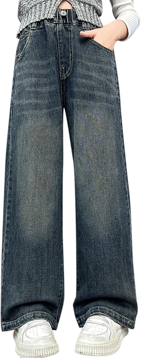 Girls Wide Leg Jeans Baggy Heart Embroidery Elastic High Waist Denim Pants Vintage Y2k Streetwear Aesthetic Teen Clothes 4-14