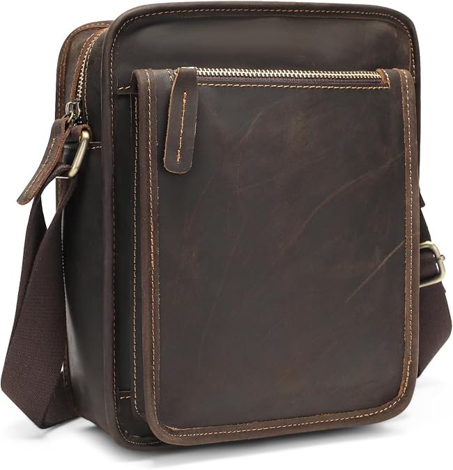 BAIGIO Small Leather Messenger Bag for Men Shoulder Bag Vintage Crossbody Bag Men Purse Ipad Satchel Travel Business