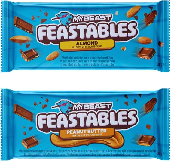 Feastables Mrbeast Milk Chocolate, Creamy Healthy Snack Individually Wrapped Bars for Dessert, Snacks Treats for Kids Small Gifts Presents (2× 60g, Almond & Peanut Butter)