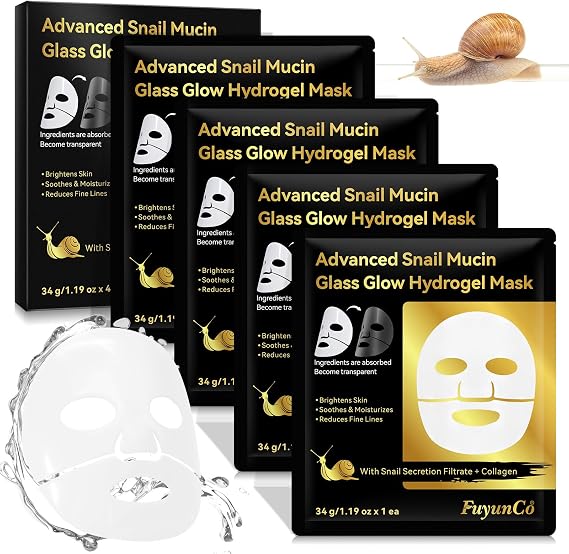 Snail Mucin Glass Glow Mask (4x Pack), Collagen Face Mask with Snail Mucin Serum, Hydrating Hydrogel Collagen Mask for Glass Skin Glow, Soothing & Firming, Skin Care Masks for Dry Skin