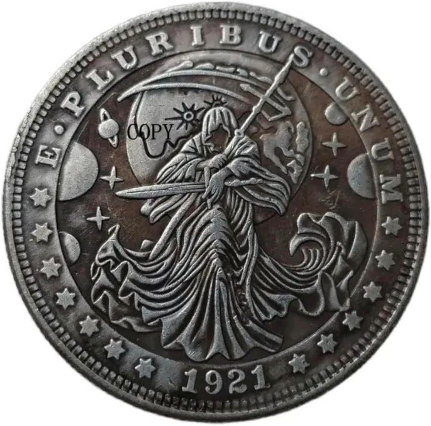 Copy 1921 U.S Hobo Morgan Coin Grim Reaper Lady Death Hood Skull Skeleton Robe Scythe Sword Moon Night Sky Planets Stars Silver Plated Replica Commemorative