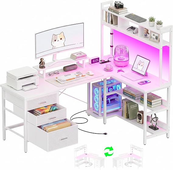 Homieasy 150 cm L-Shaped Corner Desk with Drawers & LED Sturdy Gaming Table with Sockets & USB Computer Desk with Monitor Stand & A4 Shelf for Home Office (White)