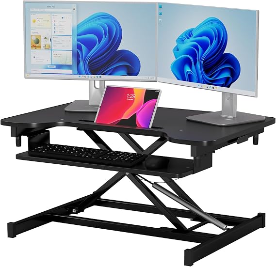 FDW Standing Desk Converter 32 inches Adjustable Height Stand Up Desk Computer Desk Workstation Steel Home Office Ergonomic Computer with Keyboard,Black