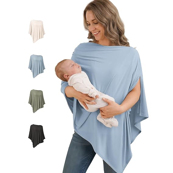 Konssy Rayon Made from Bamboo Nursing Cover for Breastfeeding | Buttery Soft, Breathable & Stretchy, Wearable Nursing Poncho, Multi-Use Car Seat Canopy, 360 Full Privacy (Blue)