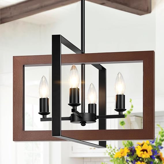 17" Farmhouse Real Wood Chandelier, No Assembly Required 4-Light Rustic Dining Room Light Fixture Over Table, Adjustable Hanging Chandelier for Kitchen Living Room Foyer Entryway
