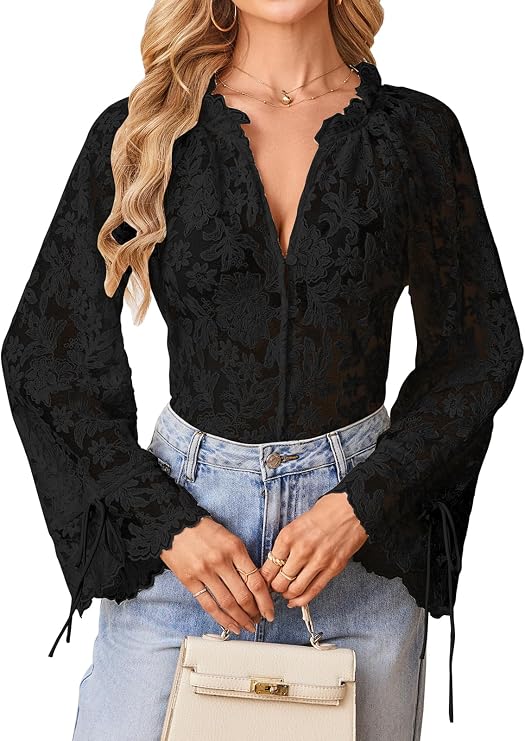 V Neck Lace Tops Women Long Sleeve See Through Floral Embroidered | Sheer Floral, Bell Sleeves with Tie Cuffs, Perfect for Date Nights or Evening Wear, Ideal for Romantic or Boho-chic Outfits