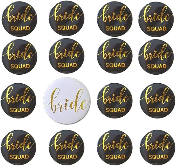 Bachelorette Party Gold Foil Buttons Bride and Bride Squad Pins Wedding Party Last Fling Bridal Shower (16 Badges, Black)
