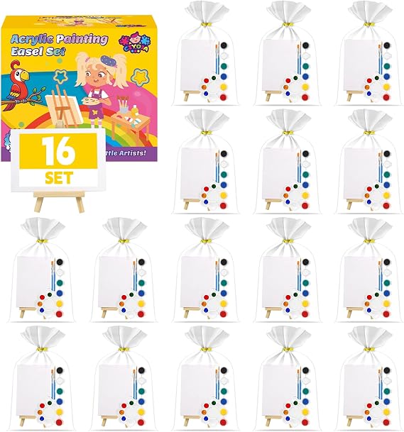 16 Pack 4x6 Inch Acrylic Paint Set - Mini Canvas and Easel Kit for Painting, Tabletop Craft Supplies with Brushes & Palettes, Complete Art Set for Kids & Adults, Classroom, Party Favors & Display