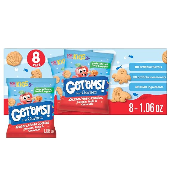 Gerber Get'ems! Pumpkin, Apple, Cinnamon Cookies, 8 Pack | Kids snack; ocean world cookies single serve; pumpkin apple and cinnamon; 8 x 1.06 oz