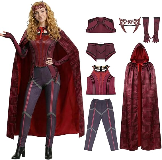 7PCS Scarlet Witch Cosplay Costume Women Wanda Red Outfits Halloween | Sleeveless Top, Pants, Hooded Cloak, Wanda Headpiece, Waistcoat, Girdle, Gloves, Back Zipper, Elastic Waistband, for Adult