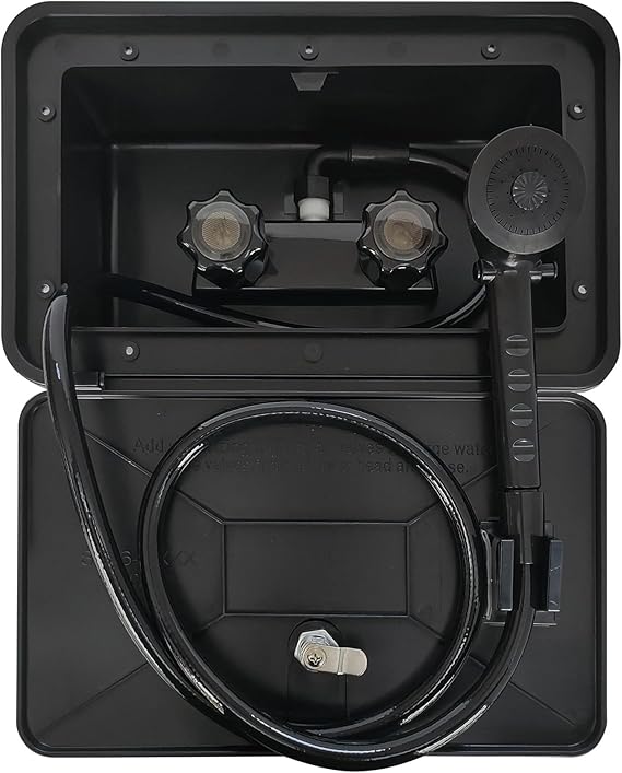 RV Exterior Shower Box Kit RV Outdoor Shower for Camper RV Outside | with RV Outside Showers Faucet Valve+Coiled Hose+Sprayer Head+Lock,Replacement for RV,Van,Travel Trailer Motorhome,Boat,Black