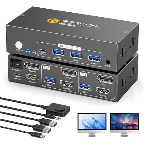 HDMI+Displayport KVM Switch 2 Monitors 2 Computers 8K@60HZ Dual Monitors KVM Switcher for 2 PC/Laptops Share Mouse Keyboard and 2 Screens,with USB3.0 Ports/Wired Controller EDID Adapative