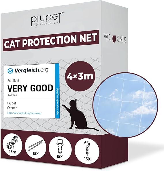 PiuPet 4x3m Transparent Cat Net - Tear-Resistant Mesh for Balcony & Window | UV-resistant nylon safety netting with 3x3cm grid. Includes complete fastening set with rope, hooks, and dowels.