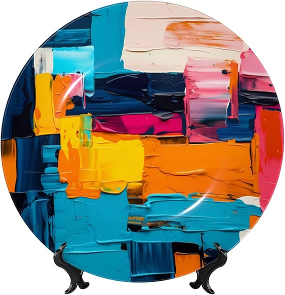 PHAYAH Colour Blocks Pattern Bone China Decorative Plate 10in Decorative Plates with Display Stand Round Dinner Plates for Home Office Decor
