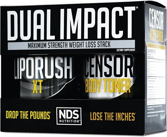NDS Nutrition Maximum Strength Dual Impact Stack - 60 Capsules/90 Softgels | 2-in-1 Weight Loss Kit, High Energy Fat-Burning Thermogenic, LIPORUSH XT, Premium CLA Censor Body Toner, Fat Loss Support