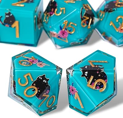 DND Dice Set, Cute Cat & Flowers Style Sharp Edge Polyhedron Resin Dice for Dungeons and Dragons RPG MTG