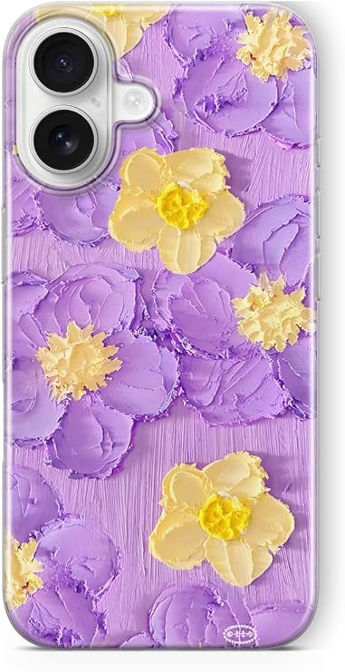 iPhone 17 ile Uyumlu Mor Sarı Çiçek Desenli Şeffaf Telefon Kılıfı