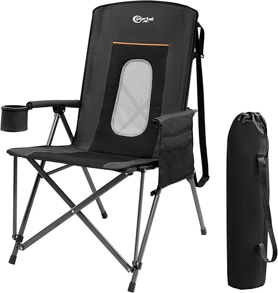 PORTAL Oversized Folding Camping Chair High Back Portable Lawn Chairs for Adults Outdoor Sports with Hard Armrest Cup Holder,Supports 400LBS Black