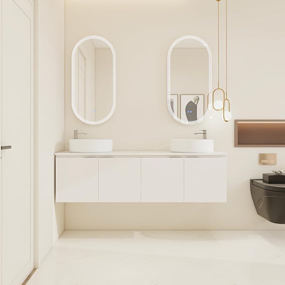 60" Floating Bathroom Vanity with Double Vessel Sinks, White Ceramic Sinks