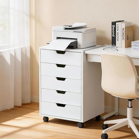 5 Drawer Chest Storage Cabinet Dresser, Wood Nightstand, Mobile Organizer Drawers for Office Bedroom Hallway Entryway Closets,White