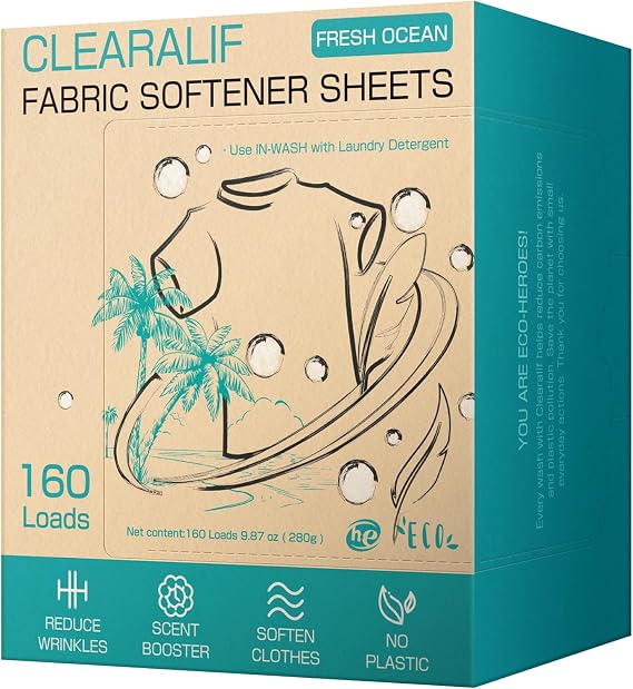 CLEARALIF Liquidless Fabric Softener Sheets, Fresh Ocean Scent, 160 Loads | Eco-Friendly & Hypoallergenic, Great for Travel, Apartments & Dorms, Reduces Static & Wrinkles, Leaves Clothes Soft & Fresh