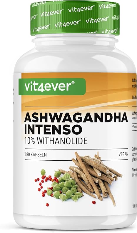 Vit4ever Ashwagandha Intenso 180 Capsules 1500 mg per Daily Amount 10% Withanoliden Laboratory-Tested Active Ingredient Content Aswaganda in Premium Quality Vegan Highly Dosed 1500 mg per daily serving 3-month supply high purity high dose vegan pure root extract