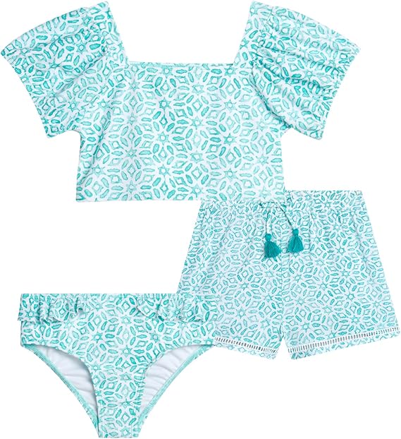 Jessica Simpson Girls 3 Piece Swimsuit Set Top Bottoms and Swim Shorts