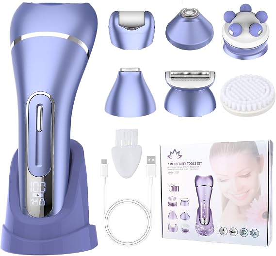 Qreeyx Epilator for Women, 7 in 1 Hair Removal for Women, Body Shaver, Bikini Trimmer, Face Razor, Facial Brush, Face Massage, Foot Callus Remover, IPX7 Waterproof Electric Shavers, Ideal Female Gift