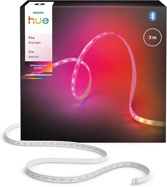 Philips Hue Flux 3 m LED ışık şeridi, 1200 lm, canlı renkler, esnek iç aydınlatma, Chromasync renk karışımı, RGBWWIC, kesilebilir, genişletilebilir, tekrar kullanılabilir, uygulama ve sesli kontrol [Enerji Sınıfı G]