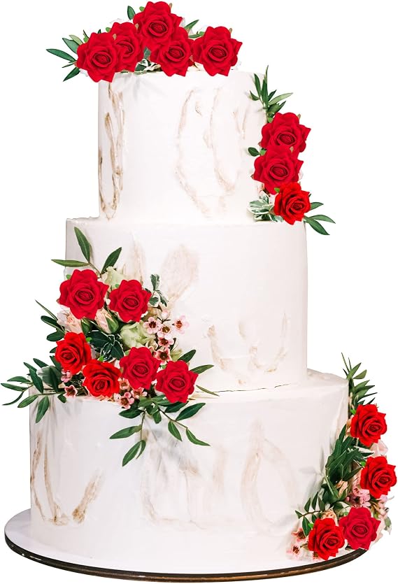 Gyufise 15Pcs Flower Cake Toppers Artificial Rose Cake Decorations Happy Birthday Artificial Red Rose Flowers Cake Toppers for Girls Party Wedding Baby Shower Supplies