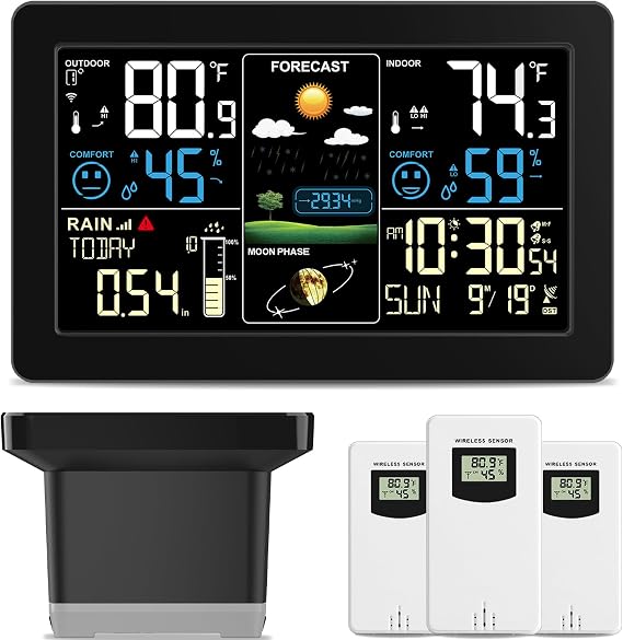 Weather Station with Rain Gauge Outdoor, Home Weather Stations Wireless Indoor Outdoor with Digital Rain Gauges, Thermometer, Barometer, Hygrometer, Atomic Clock, Weather Forecast, with 3 Sensor