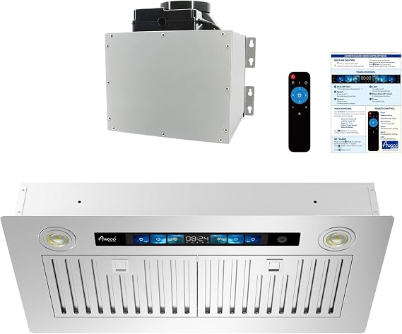 28"Wx15"D Split Insert Ceiling Mount Range Hood with 6" Remote Blower | Super Quiet, 800 CFM, Voice, Gesture, Touch, Remote Smart Controls, 4 Speeds, Dimmable LED Lights, Stainless Steel