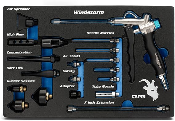 Capri Tools 2-Way Air Blow Gun Ultimate Kit with Nozzles and Rubber Tips, 19-Piece