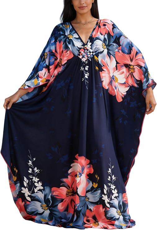 カフタンドレス 女性用 プラスサイズ Vネック バットウィングスリーブ Moo Moos 水着 カバーアップ Mumu Caftan マキシビーチドレス