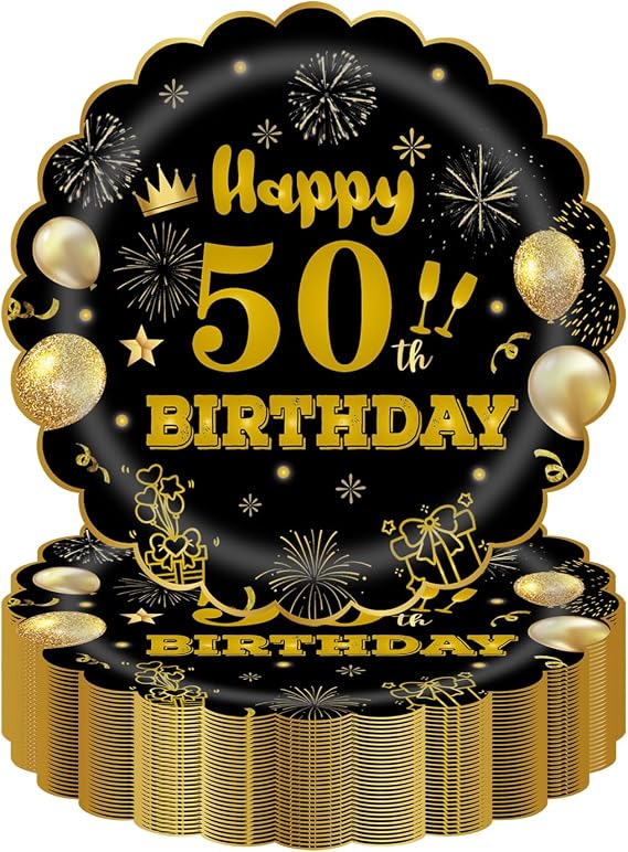50Pcs 50th Birthday Party Paper Plates,7inch Disposable Black and Gold Scalloped Dessert Tableware for Wedding Anniversary Reception Event Decorations