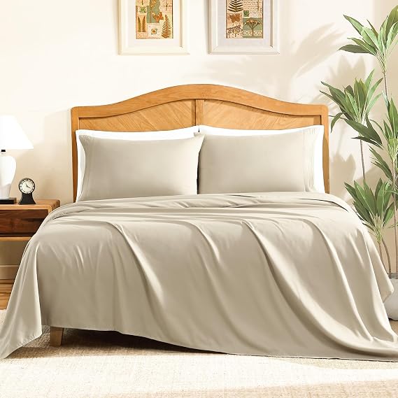 ClevaHome Queen Size Sheets, 4-Piece Fitted Queen Sheets, Sandy Beige