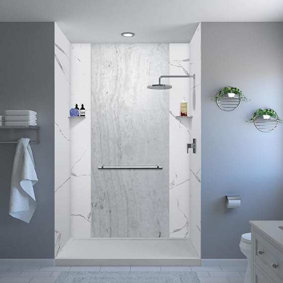 Transolid TWKE603696-SKI01GBKI31G Titan 60"x 36"x 96" Eco Shower Wall Kit, White Caruso/Savanna Grey