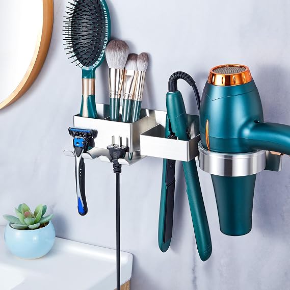 Hairdryer Holder Wall Mounted Hair Straightener Holder, Blow Dryer Holder, Metal Hair Tool Organizer for Straighteners, Hair Dryer, Brush, Curling Iron (Silver)