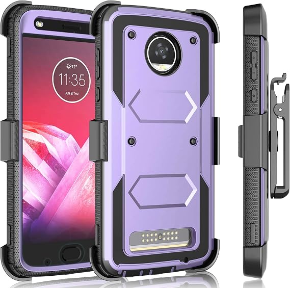 Tekcoo Holster Clip Case for Moto Z2 Force/Motorola Moto Z2 Play, [Tshell] Shock Absorbing [Built-in Screen] Secure Swivel Locking Belt Defender Full Body Kickstand Carrying Sturdy Cover -Lavender