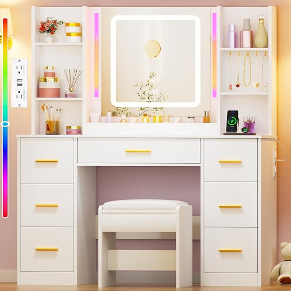 ANWBROAD Large White Makeup Vanity Desk with 7 Drawers & RGB Lights