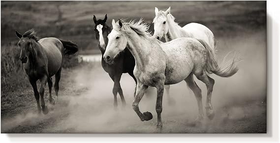 cozy country Horses Canvas Wall Art Decor: Western Farmhouse Equines Gray Picture Vintage Rustic Painting Wild Animals Running in the Vast Grassland Artwork for Living Room 40" x 20"