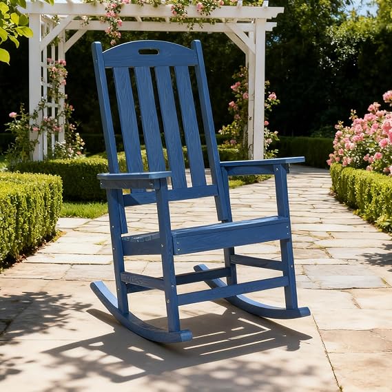 Rocking Chair Indoor Oversized Wooden Slatted Porch Rocker for Outdoor All Weather Lounge Garden Chair Comfortable Seating for Patio Deck Backyard Lawn Fire Pit, Wide Seat and High Back,Blue