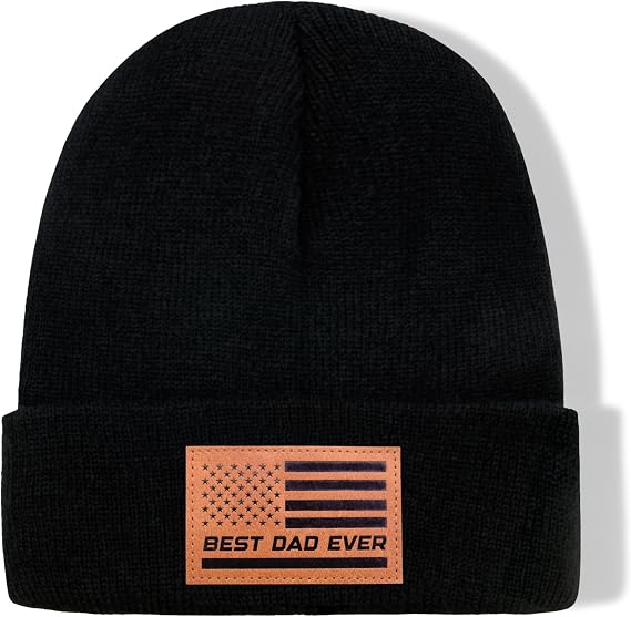 Beanie Hat for Dad, Leather Patch Knit Cuffed Winter Hat for Men