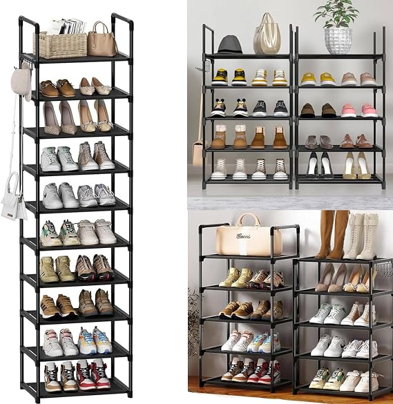 JAOSY 10 Tier Shoe Rack Narrow Shoe Rack with Hooks, Easy Assembly, Space-Saving, 40 x 30 x 175 cm, Storage Organiser for Bedroom, Hallway, Entryway, Cloakroom, Closet, Corner, Garage, Living Room