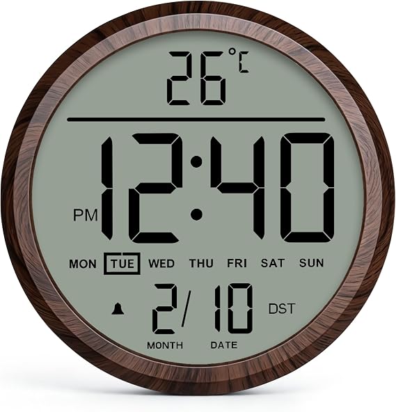 8 in Round Digital Wall Clock Battery Operated with Date,Calendar,Temperature,DST,12/24H,Alarm,Modern Large Number Atomic Clock for Bedroom, Living Room, Kitchen, Office for Elderly, Seniors